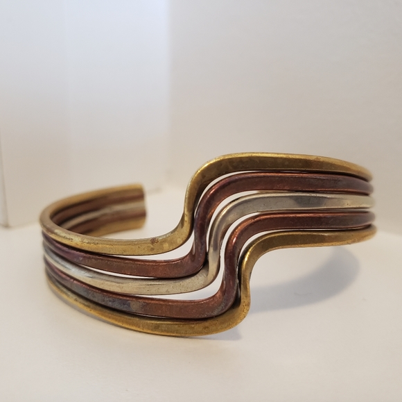 80s Vintage TAXCO Mixed Metal Bracelet Mexico Brass Silver Copper Handcrafted - Picture 2 of 6